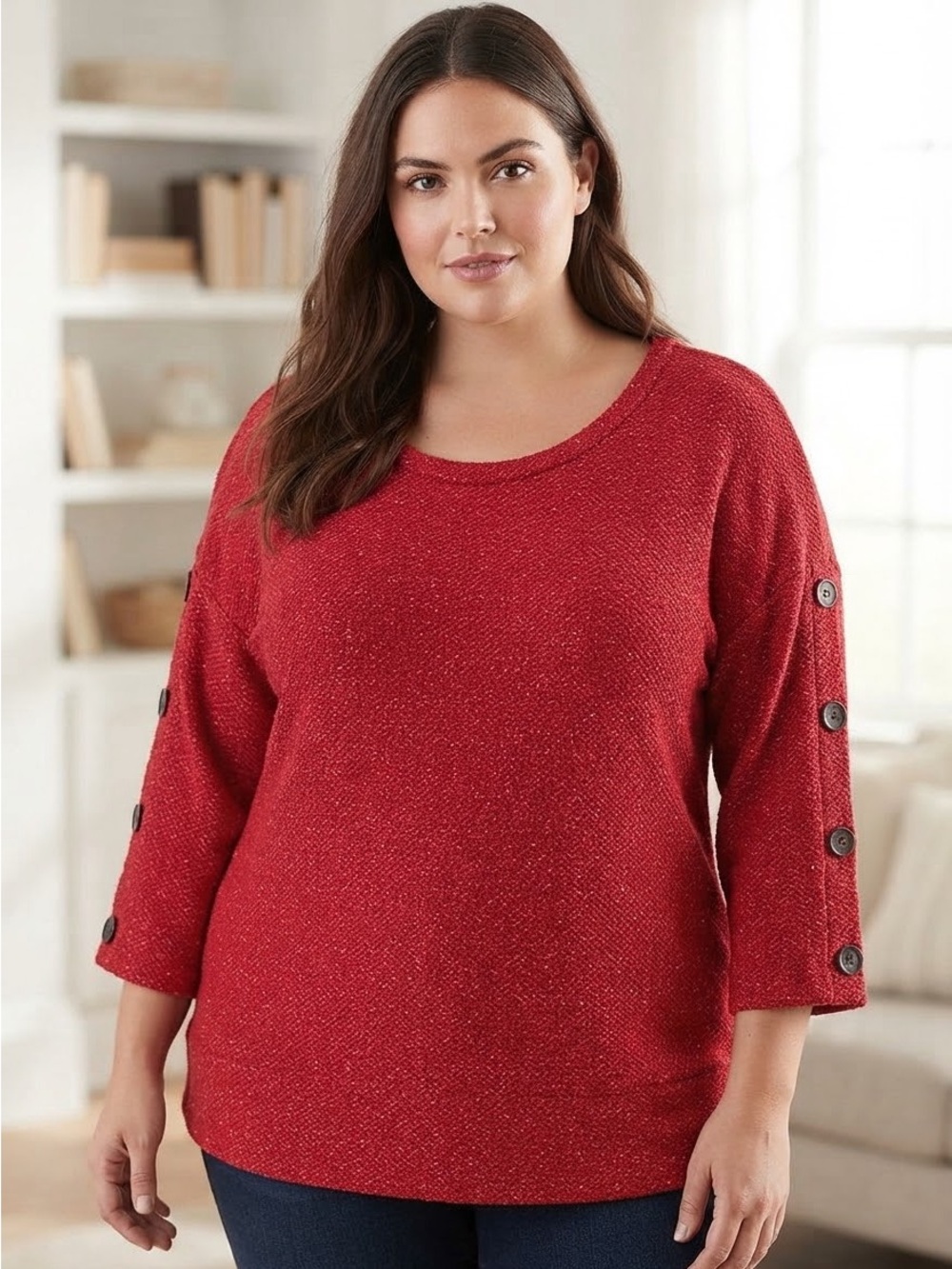 Plus-Size Red Scoop Neck Sweater with Button-Sleeve Detail